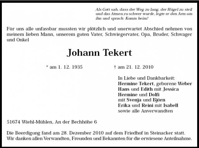 Tekert Johann 1935-2010 Todesanzeige